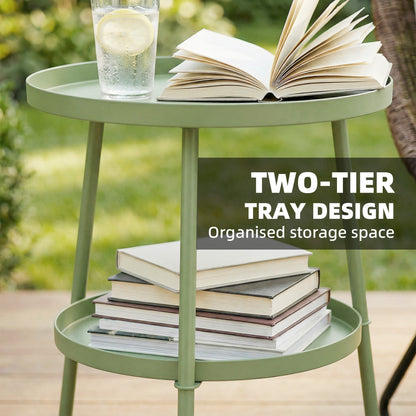 Outsunny Patio Side Table, 2-Tier Round Coffee End Table for Garden Balcony Living Room Bedroom, Light Green