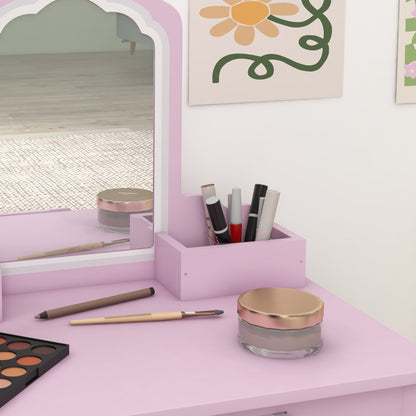 ZONEKIZ Wooden Kids Bedroom Furniture Set with Kids Dressing Table, Stool, Bed, for 3-6 Years, Cloud-Design