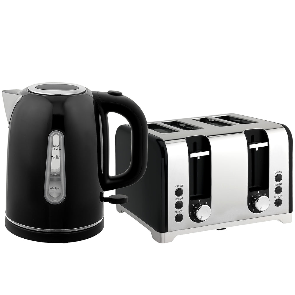HOMCOM Kettle and Toaster Set, 1.7L 3000W Rapid Boil Jug Kettle with Otter Thermostat, Limescale Filter, 4 Slice Toaster with 7 Browning Controls, Crumb Tray, LED Strip, Black