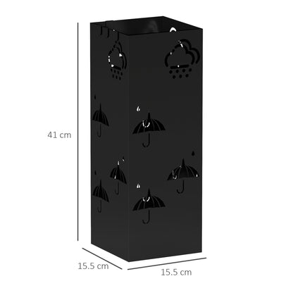 HOMCOM Metal Umbrella Stand, Square Umbrella Holder with Removable Drip Tray and 4 Hooks, Decorative Umbrella Storage Rack for Hallway, Entryway, 15.5 x 15.5 x 41 cm, Black