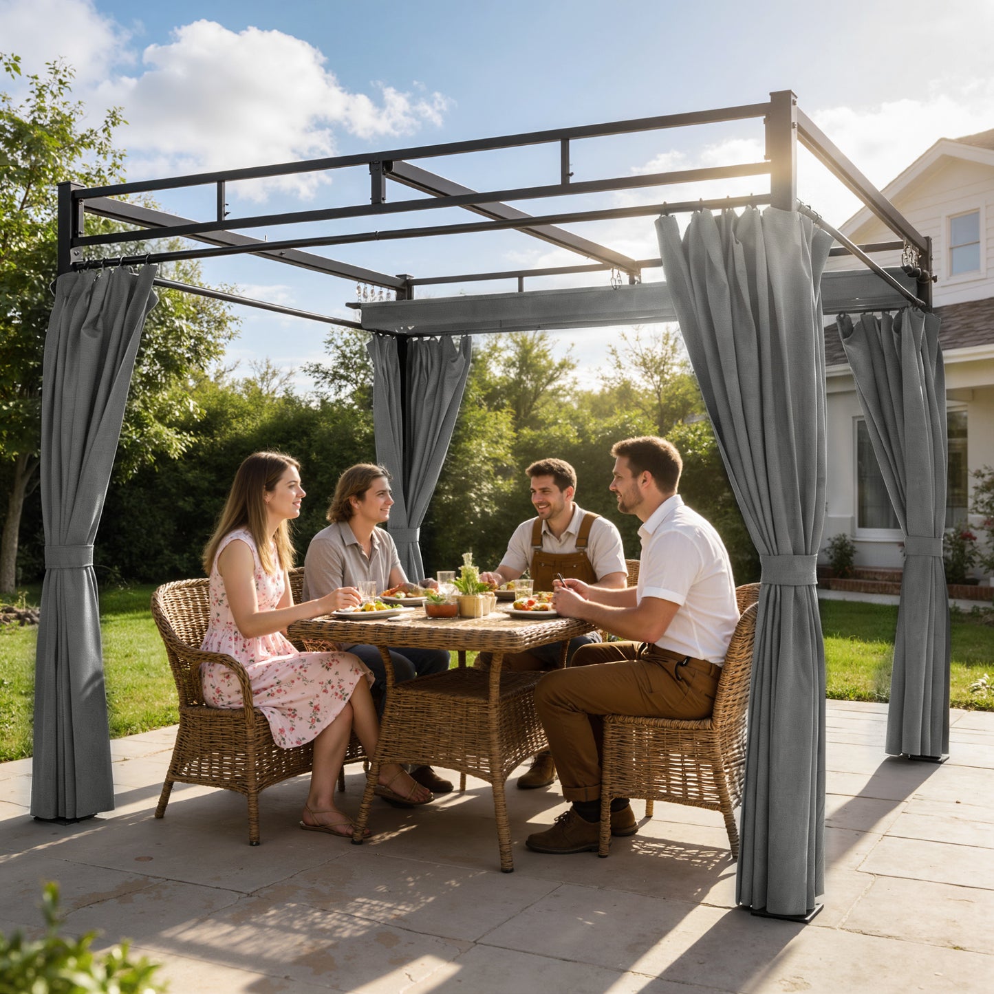 Outsunny 3 x 3 m Pergola with Retractable Roof Canopy and Curtains, UPF30+ Metal Frame Garden Pergola Gazebo Sun Shade, Dark Grey