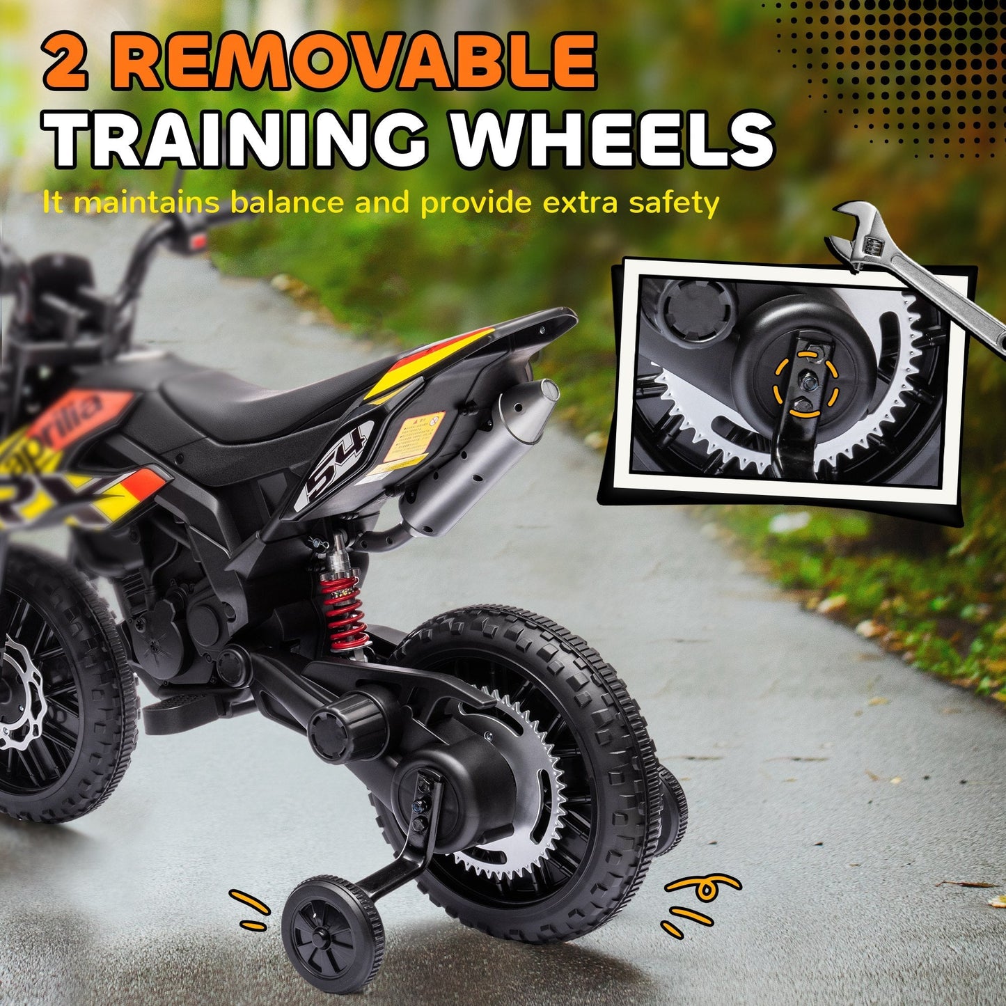 AIYAPLAY 12V Aprilia Licensed Kids Motorbike with Training Wheels, Spring Suspension, LED Headlight, USB, Music, Yellow/black