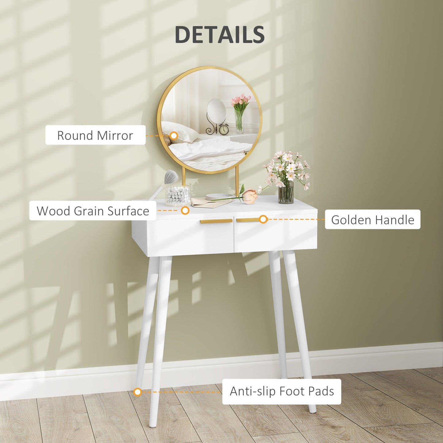 HOMCOM Elegant Dressing Table, with Round Mirror, 60 x 40 x 123 cm - White