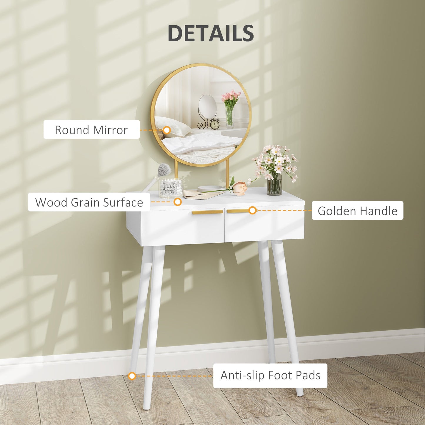 HOMCOM Elegant Dressing Table, with Round Mirror, 60 x 40 x 123 cm - White