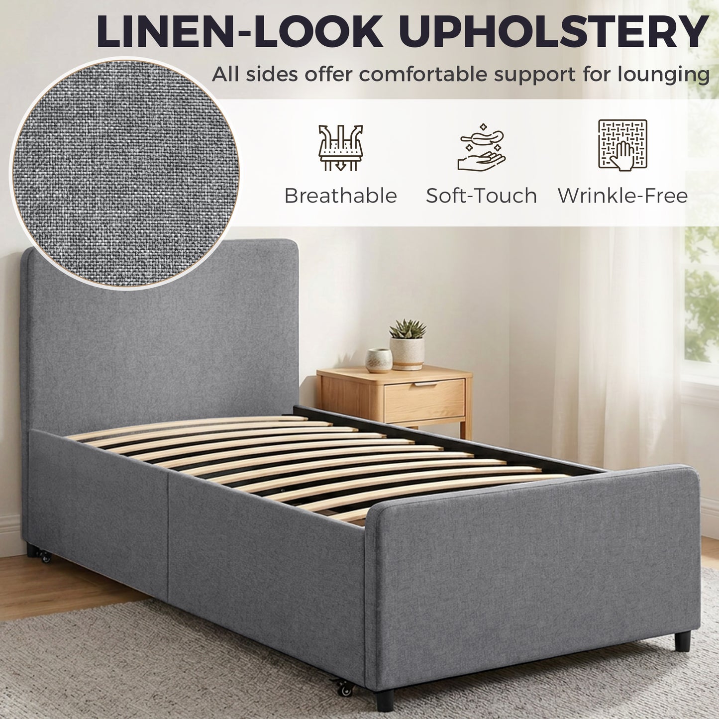 HOMCOM 3ft Single Bed Frame with Trundle, Upholstered Pull Out Trundle Bed with Headboard and Footboard, Dark Grey