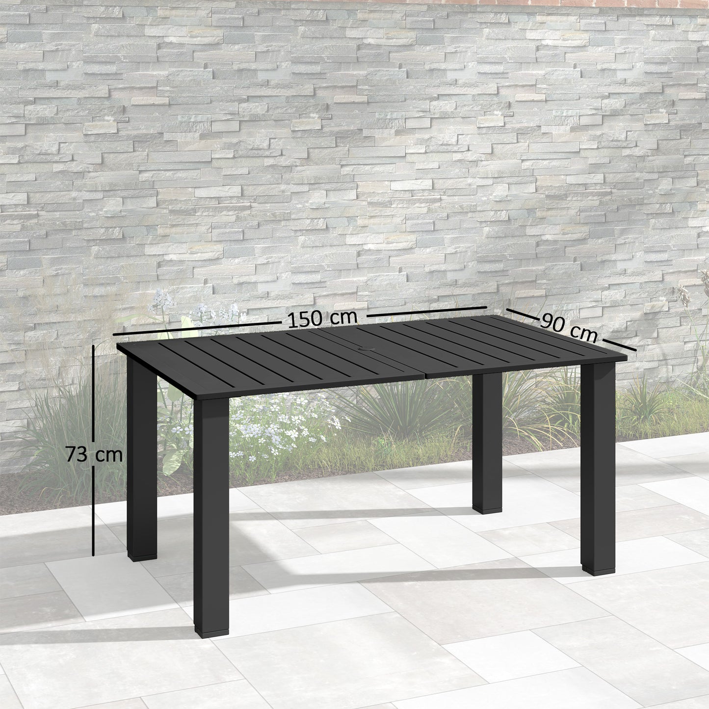 Outsunny Garden Dining Table for 6 with Parasol Hole, Rectangle Outdoor Garden Table with Slatted Metal Top, Steel Frame, Black