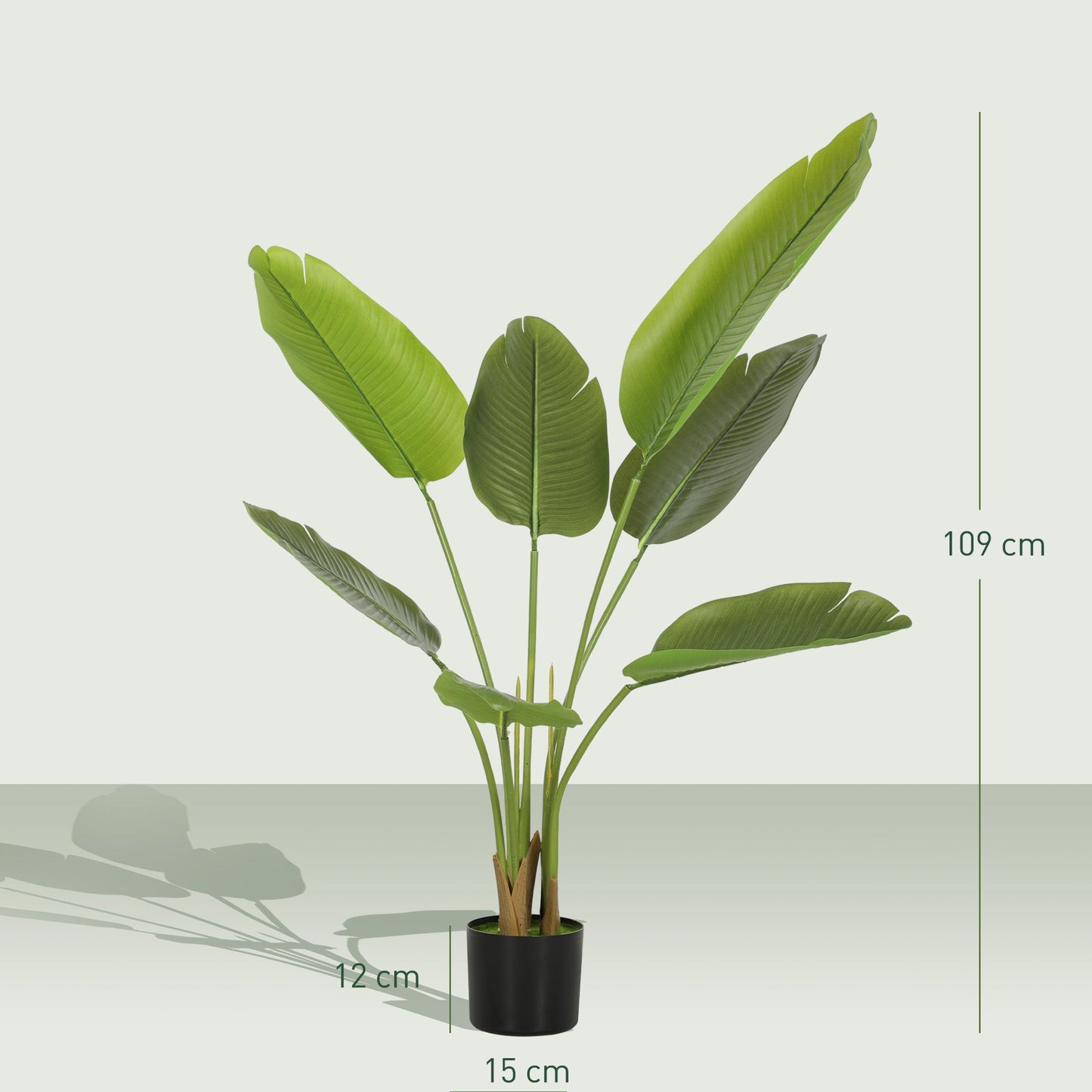 HOMCOM 109cm Artificial Bird of Paradise Plant, Faux Banana Leaf Tree with PEVA Leaves and Flocking, Decorative Palm Tree in Pot for Home Office Decor, Green