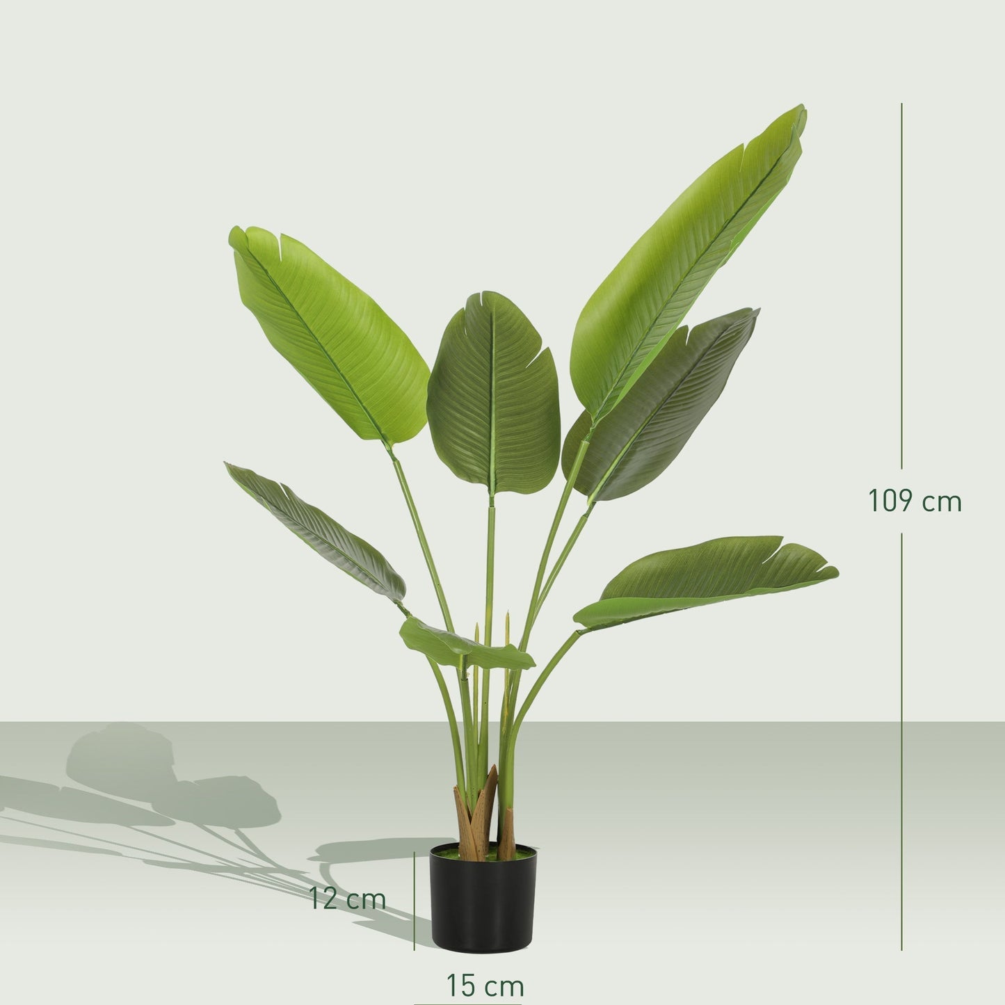 HOMCOM 109cm Artificial Bird of Paradise Plant, Faux Banana Leaf Tree with PEVA Leaves and Flocking, Decorative Palm Tree in Pot for Home Office Decor, Green