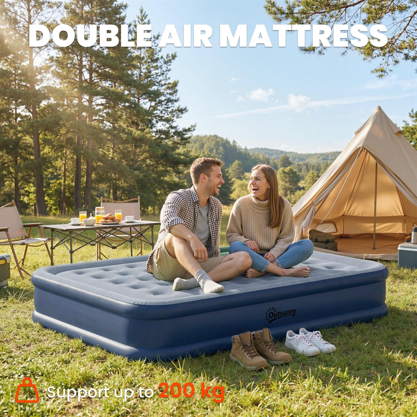 Outsunny Inflatable Mattress, Double Air Bed with Built-in Electric Pump, 3 Mins Inflation, Flocked Surface, Grey