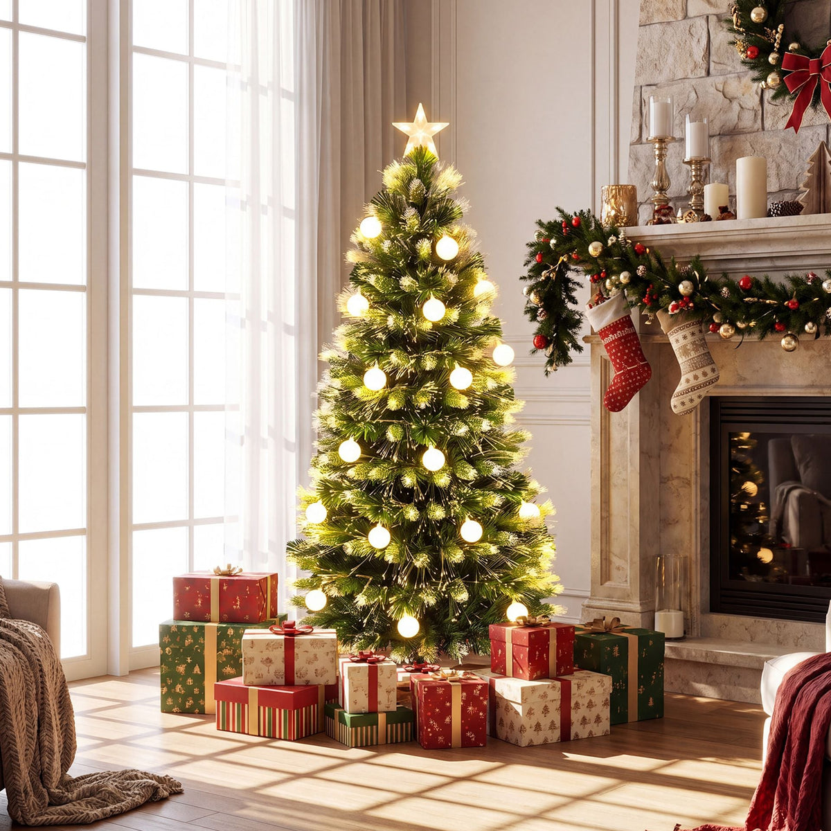 1.5m Artificial Fiber Optic Christmas Tree with Branch Tips and Warm White LED Lights Star Tree Topper