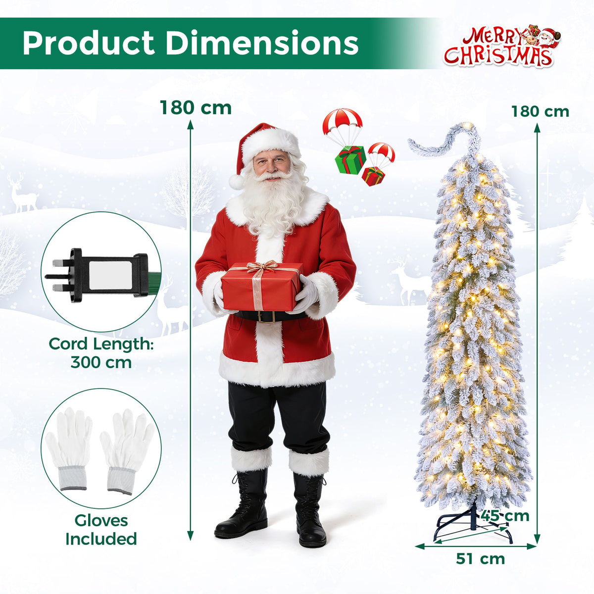 1.8 M Flocked Pencil Christmas Tree with Full Branch Tips