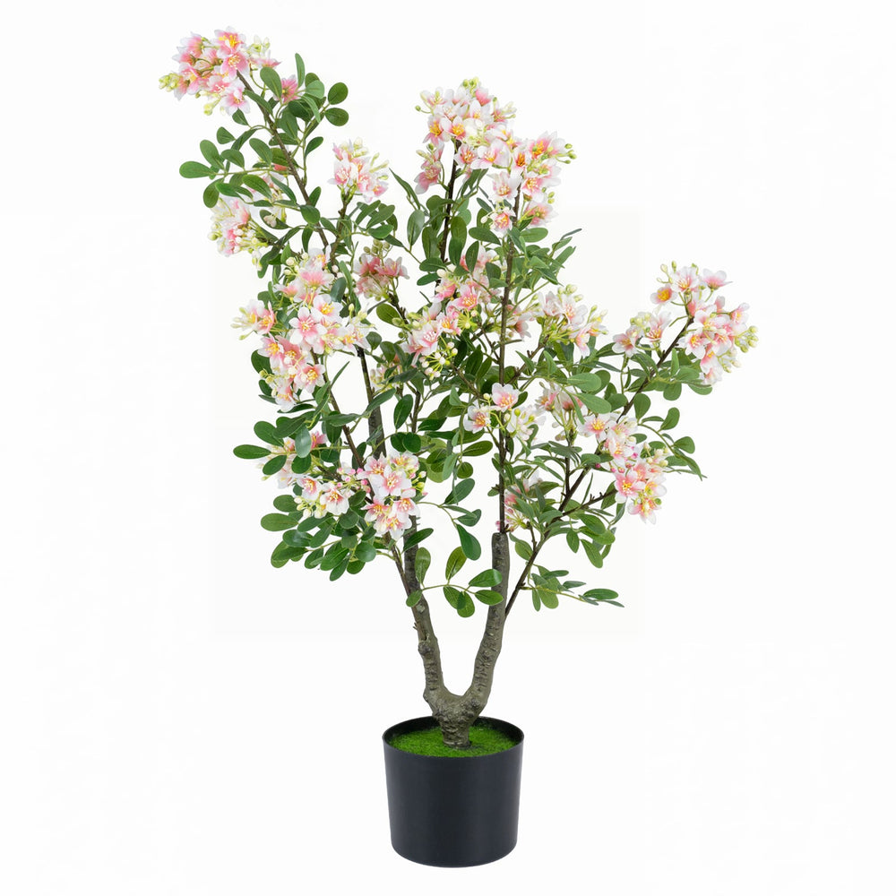 1 Piece 90 CM Artificial Impatiens Blossom Tree Faux Pink Floral Plant in Cement-filled Pot-Pink