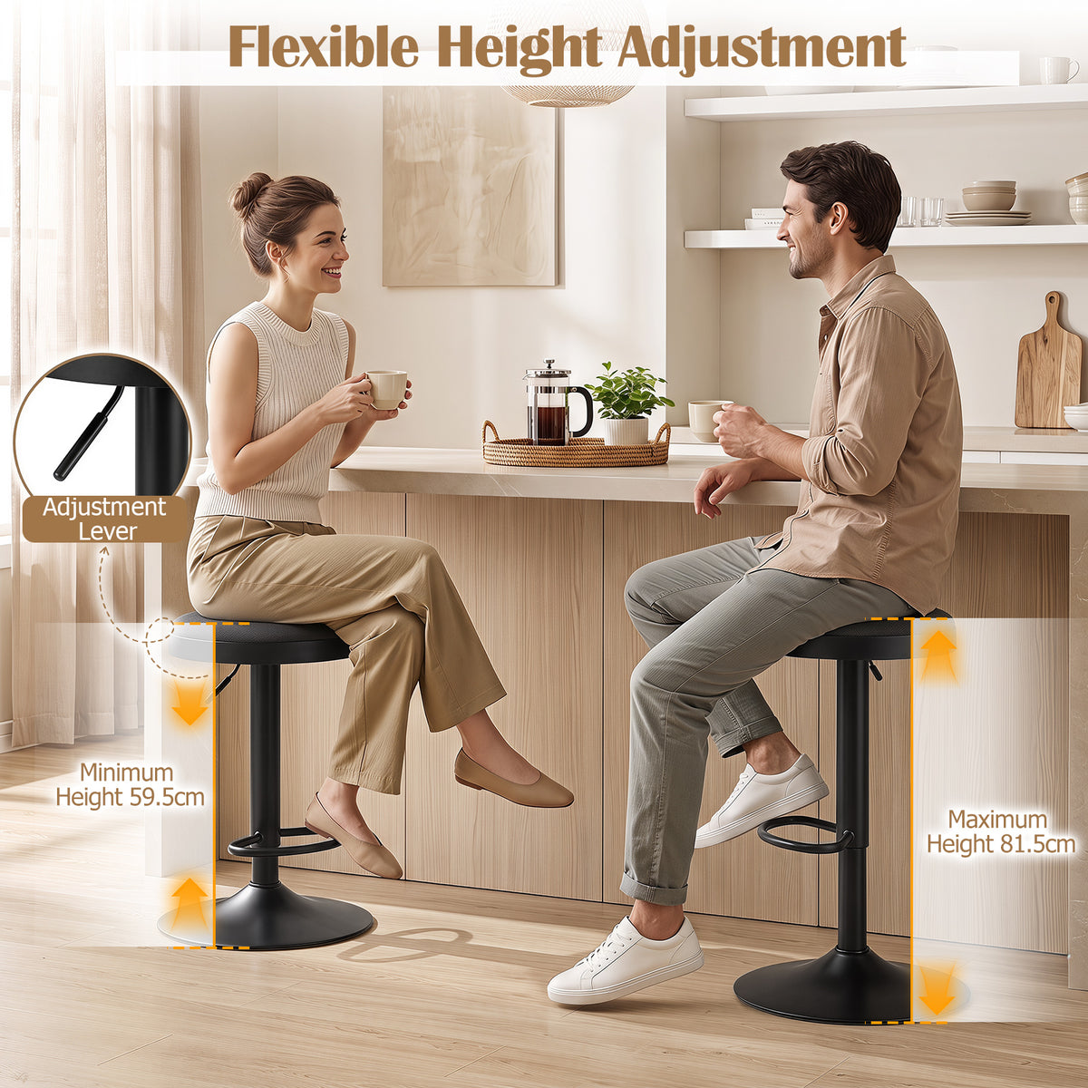 1 Piece Kitchen Bar Stool with Height Adjustment and D-Shaped Footrest-Black
