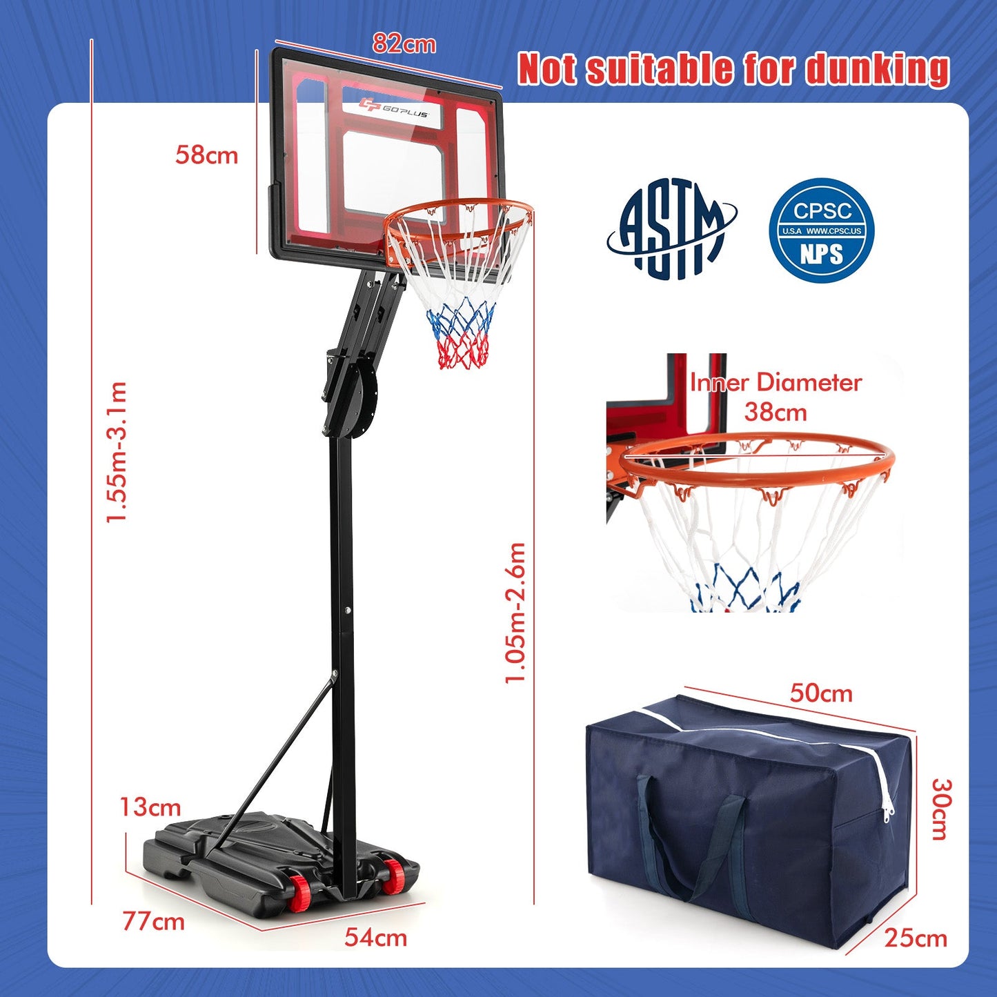 1.55-3.1M Height Adjustable Basketball Hoop with Wheels