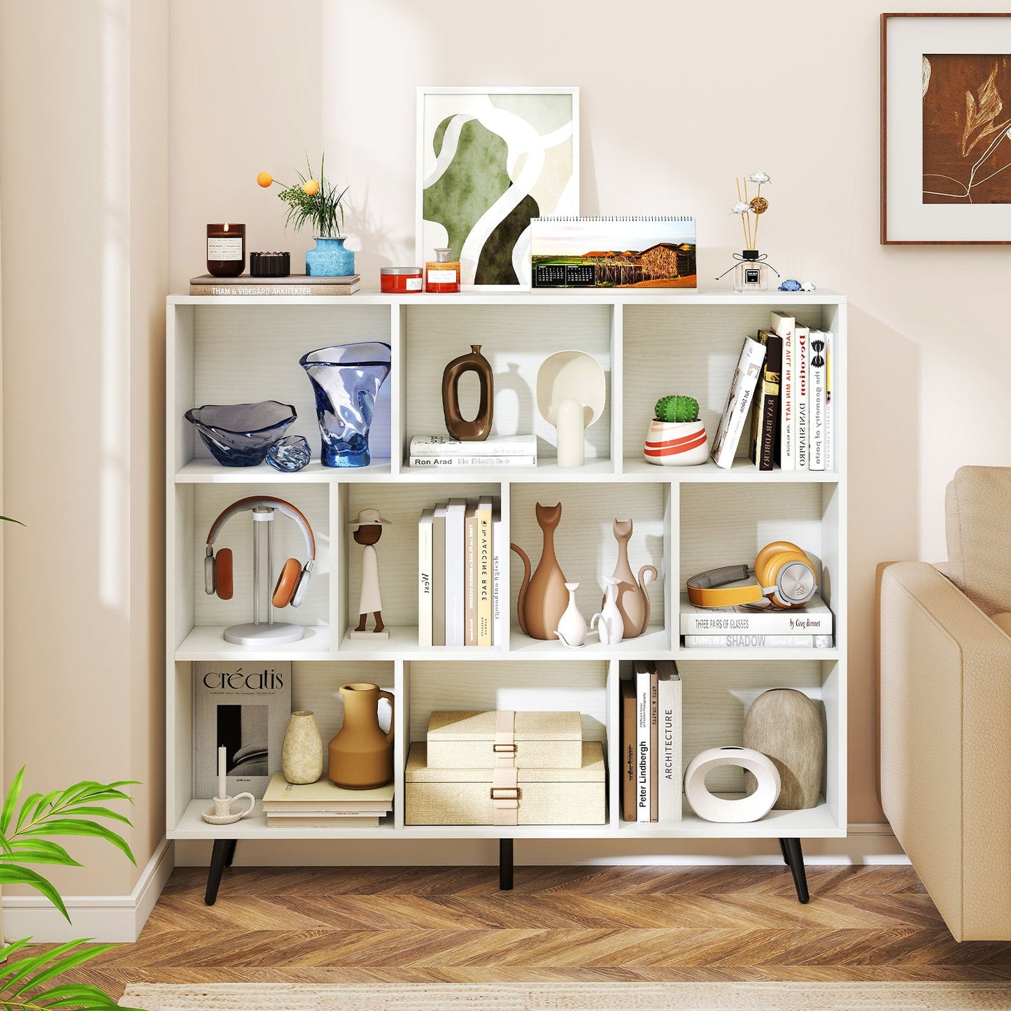 10-Cube Bookcase 120 CM Mid Century Modern Storage Organizer-White