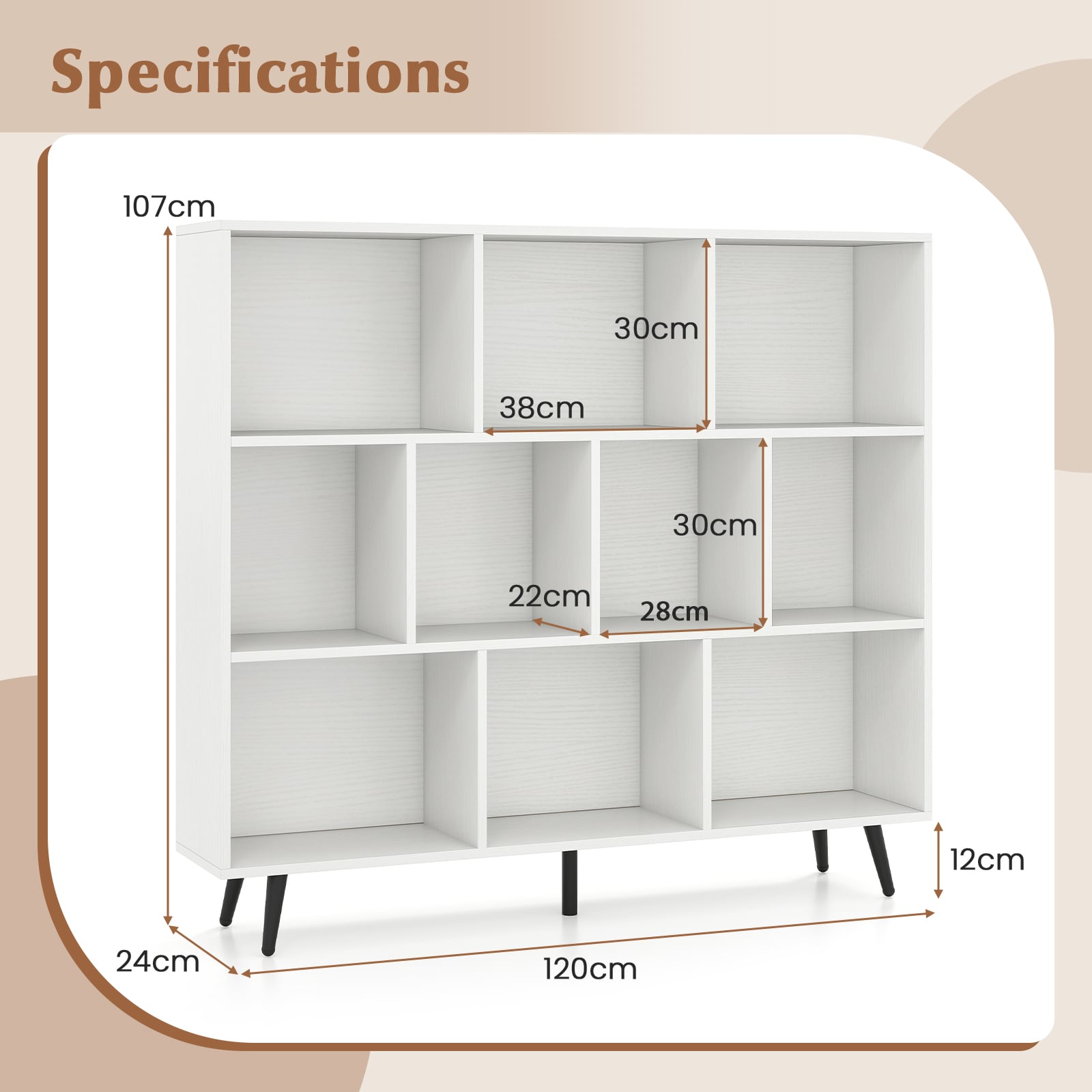 10-Cube Bookcase 120 CM Mid Century Modern Storage Organizer-White