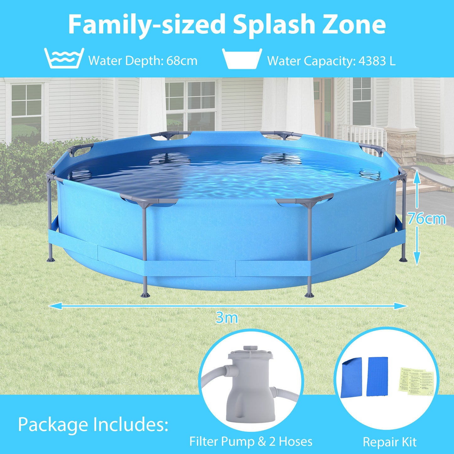 10 Feet Round Outdoor Framed Pool Set with Filter Pump
