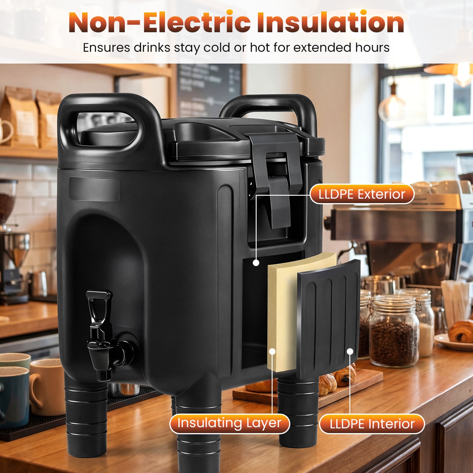 10 L Insulated Beverage Dispenser with Handles and Two-Stage Faucet-Black
