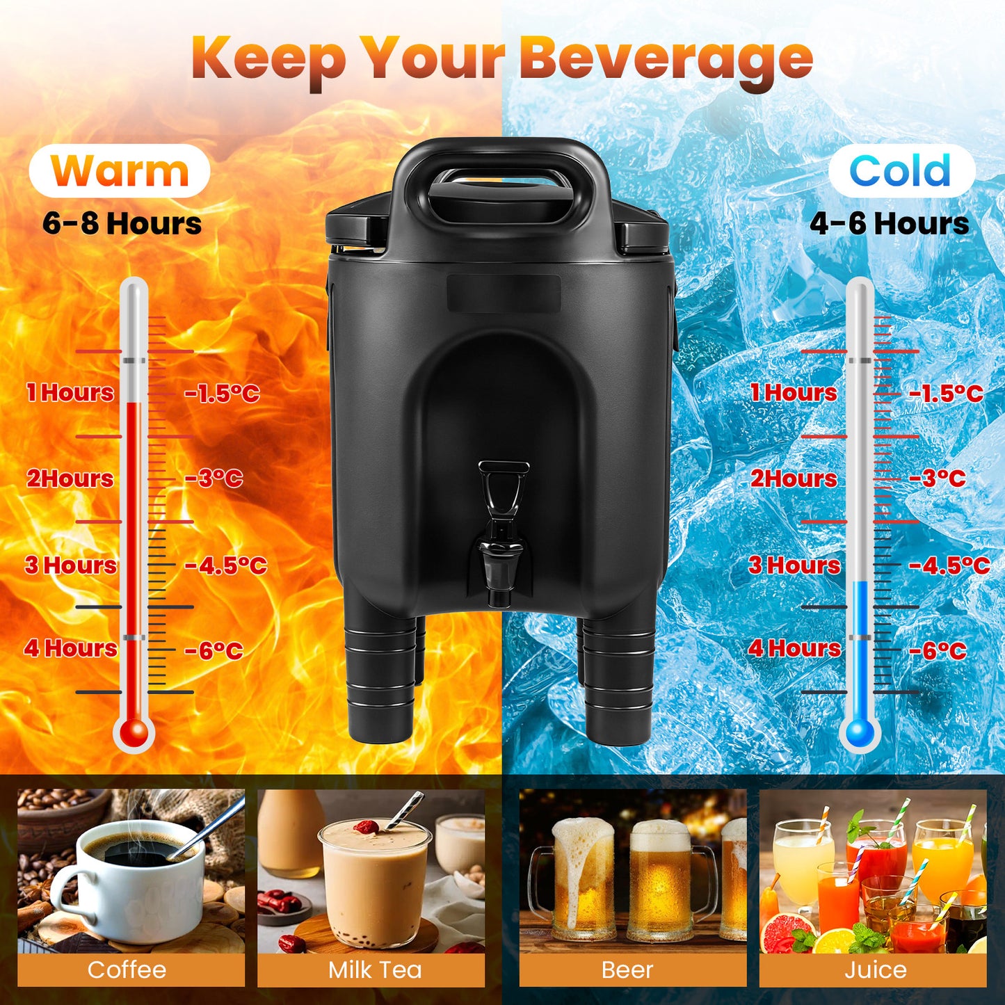10 L Insulated Beverage Dispenser with Handles and Two-Stage Faucet-Black