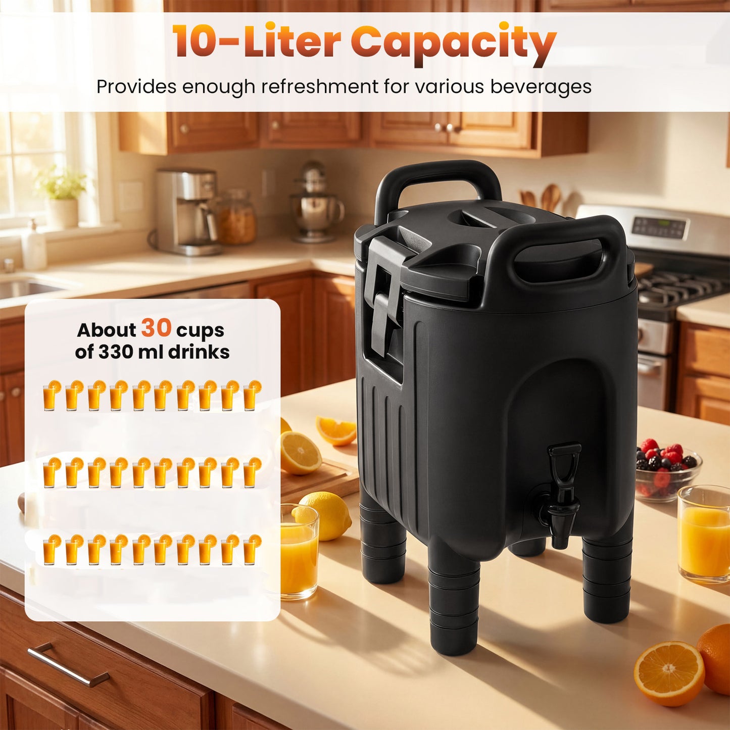 10 L Insulated Beverage Dispenser with Handles and Two-Stage Faucet-Black