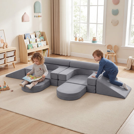 10 PCS Modular Kids Play Couch Toddler Climb and Crawl Foam Playset-Grey