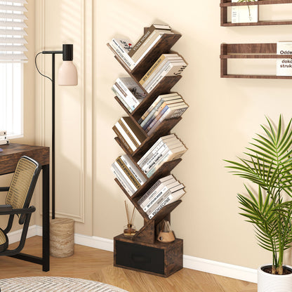 10-Tier Freestanding Tree Bookshelf with Drawer for Home Office and Living Room-Rustic Brown