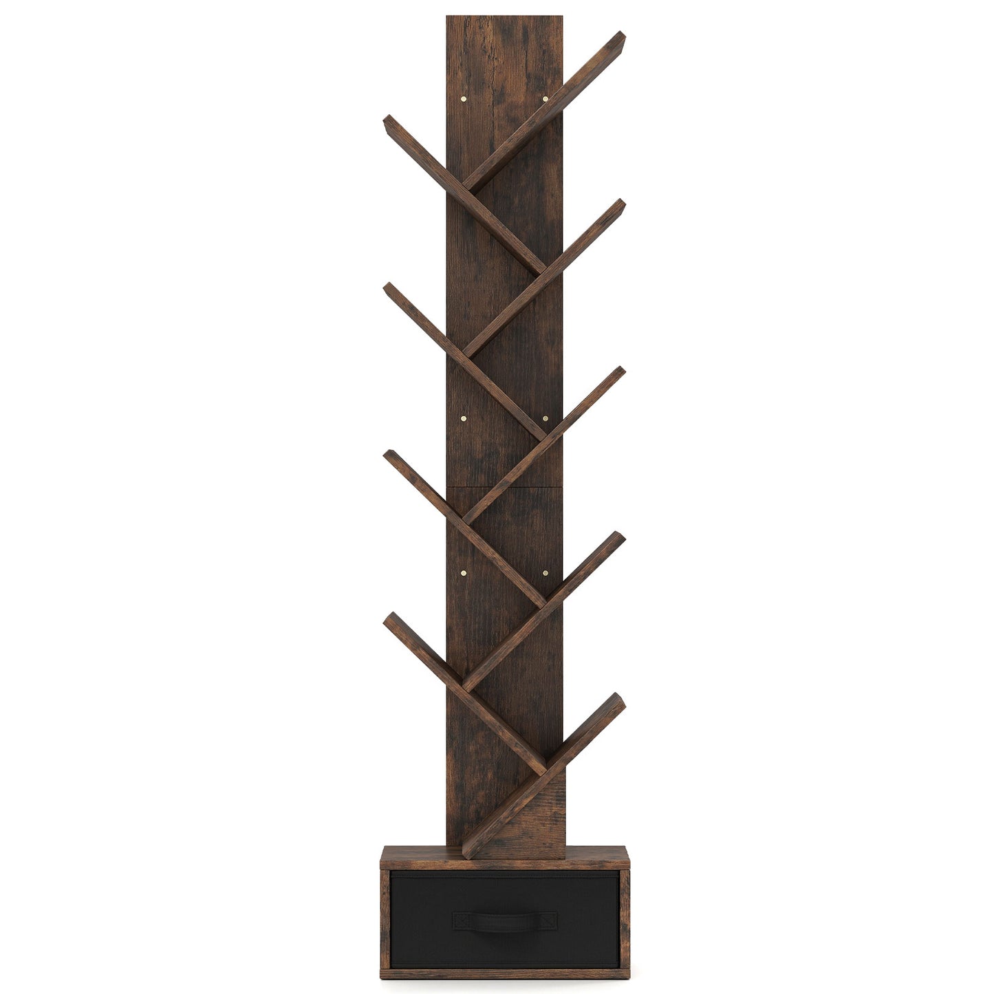 10-Tier Freestanding Tree Bookshelf with Drawer for Home Office and Living Room-Rustic Brown