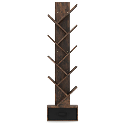 10-Tier Freestanding Tree Bookshelf with Drawer for Home Office and Living Room-Rustic Brown