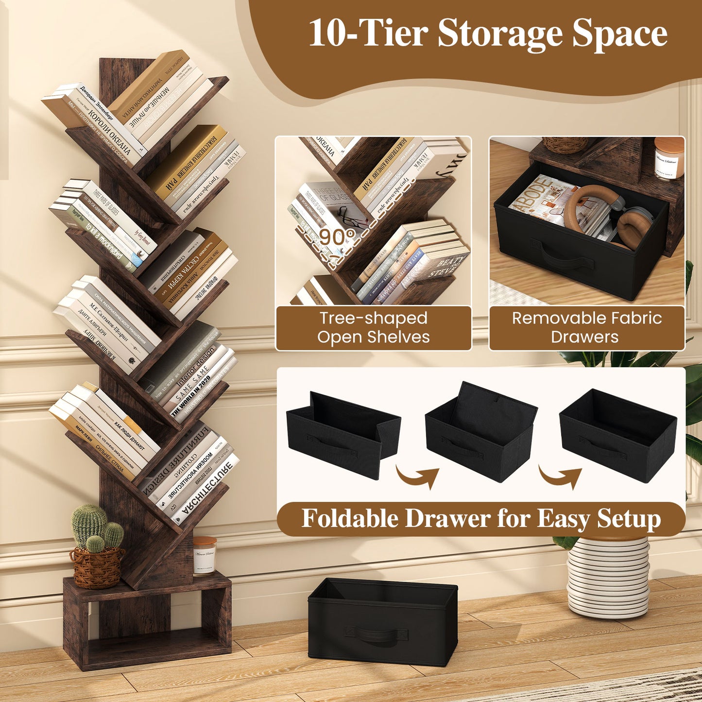 10-Tier Freestanding Tree Bookshelf with Drawer for Home Office and Living Room-Rustic Brown