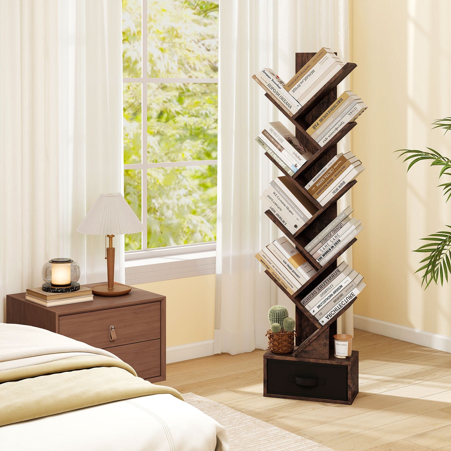 10-Tier Freestanding Tree Bookshelf with Drawer for Home Office and Living Room-Rustic Brown