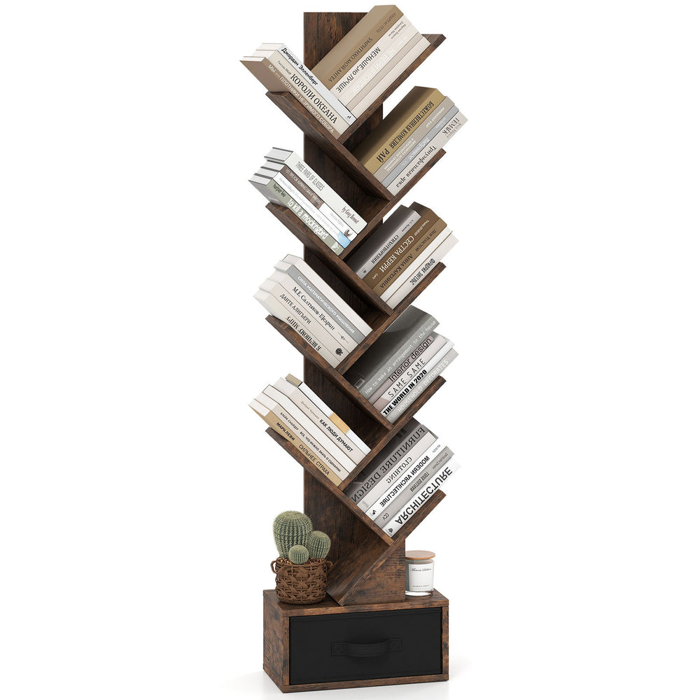 10-Tier Freestanding Tree Bookshelf with Drawer for Home Office and Living Room-Rustic Brown
