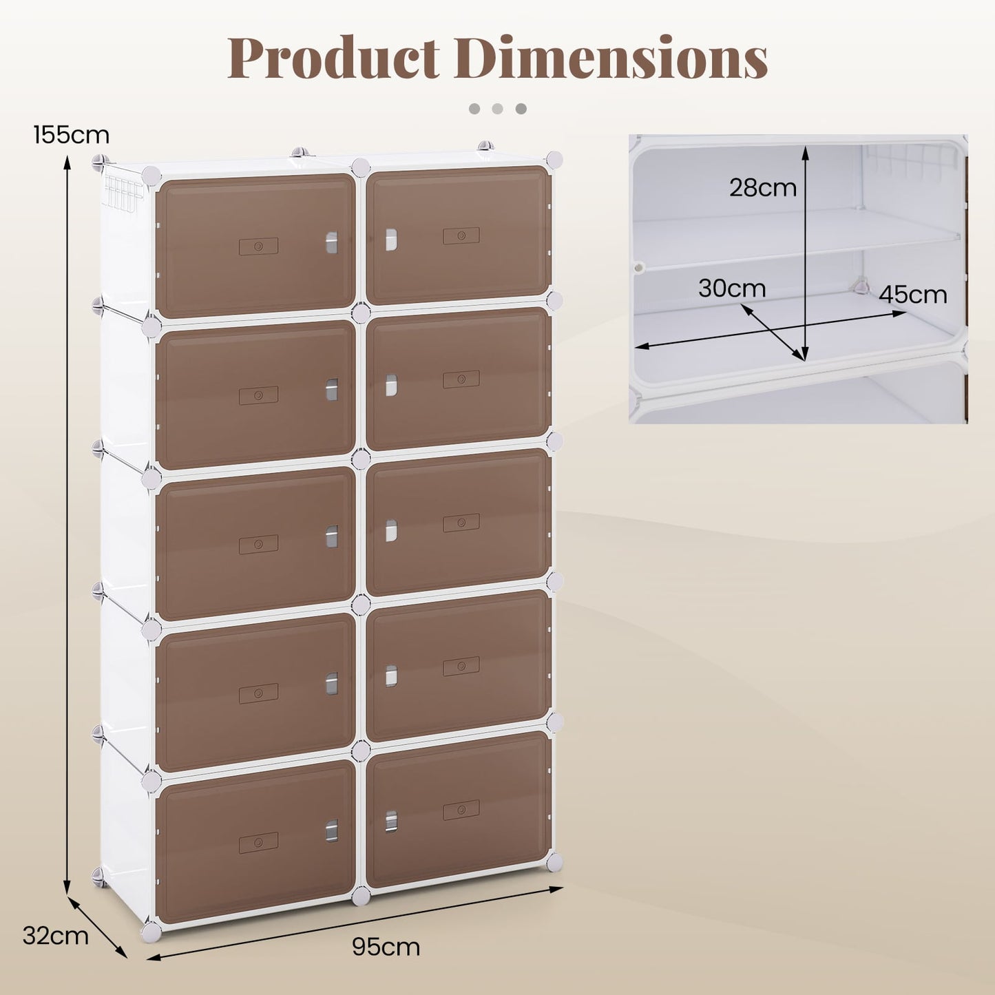 10 Tier Shoe Storage Cabinet with Removable Shelves