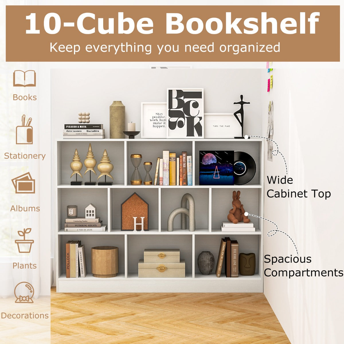 10-Cube Bookshelf with 2 Anti-Tipping Kits for Living Room Kid’s Room-White