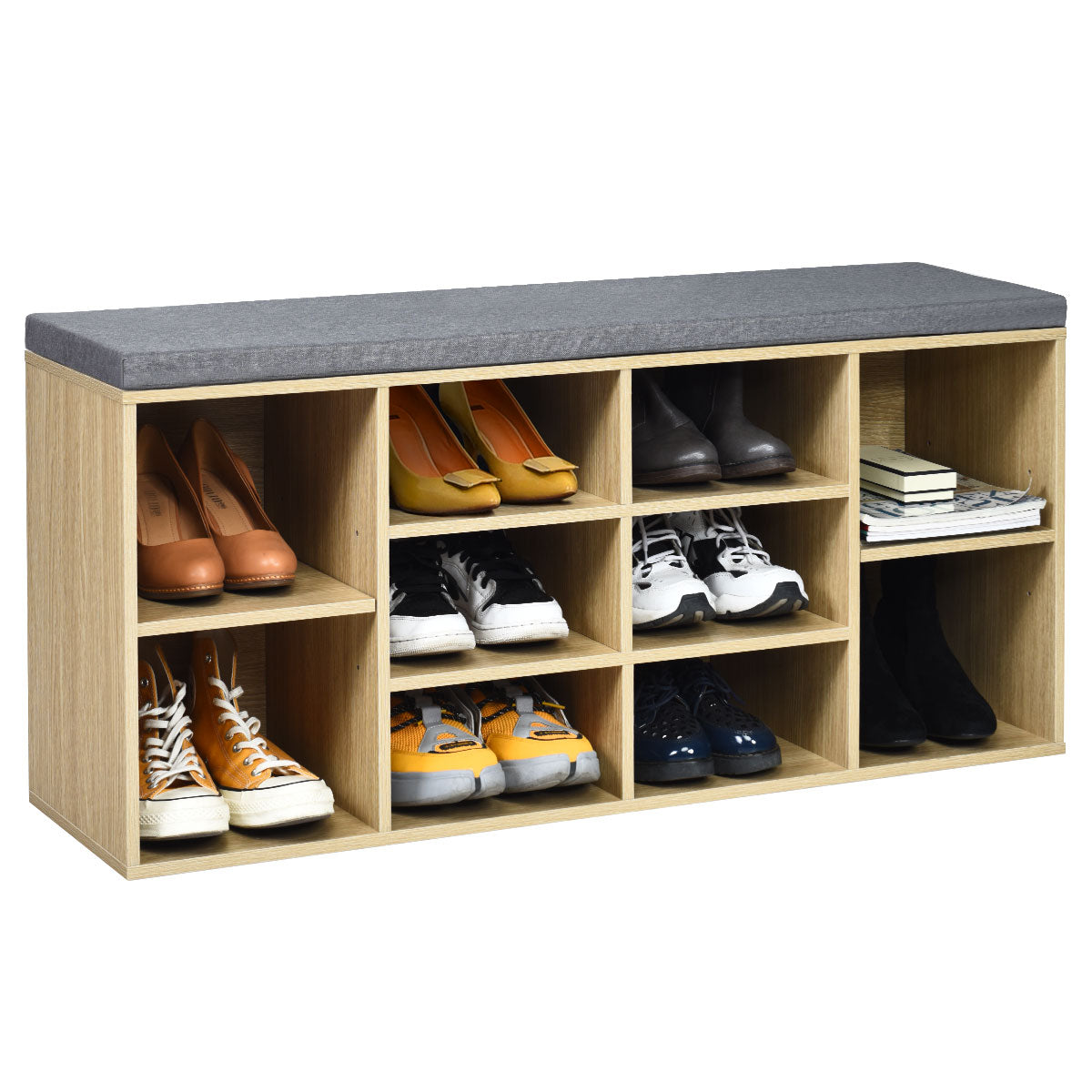 10-Cube Storage Bench Cabinet with Adjustable Shelves-Natural