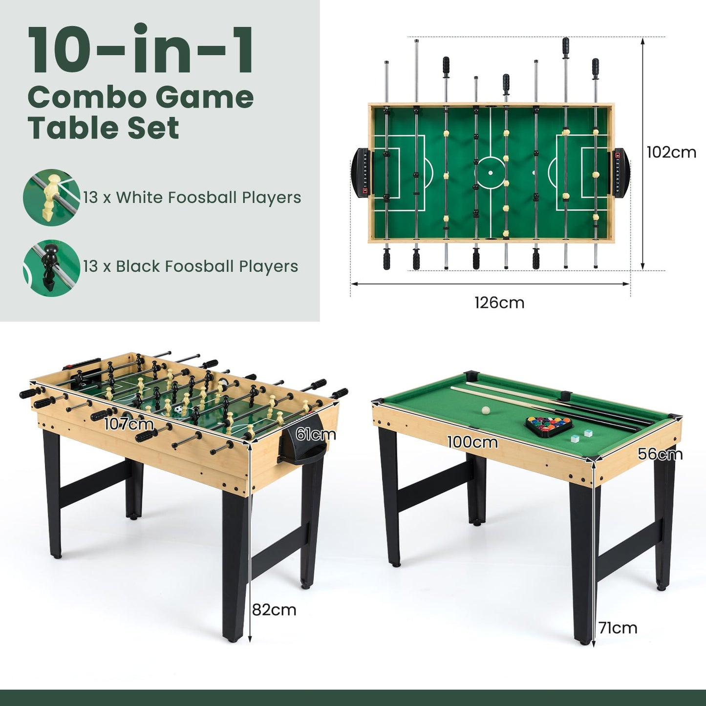 10-in-1 Combo Game Table Set with Foosball and Air Hockey-Natural