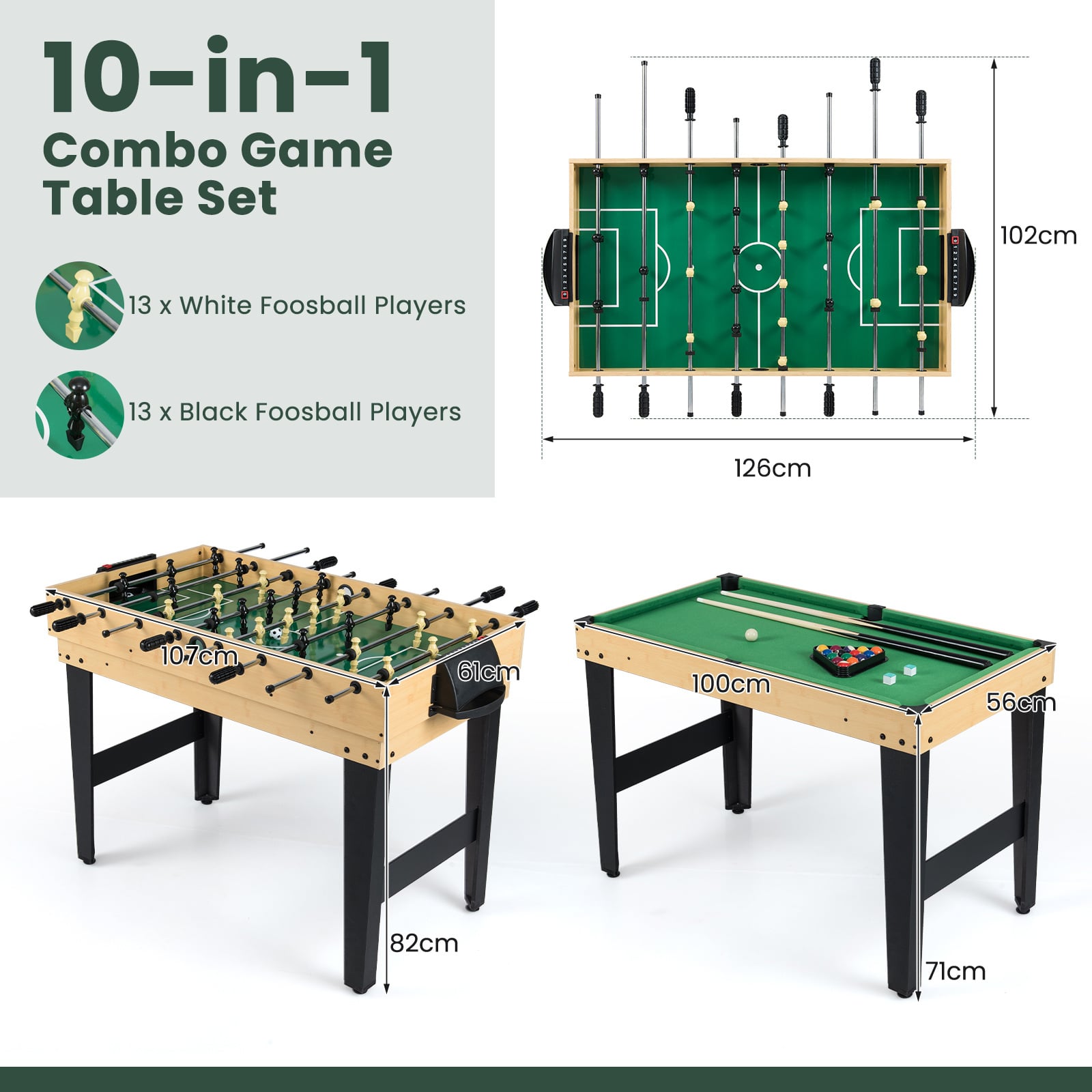 10-in-1 Combo Game Table Set with Foosball and Air Hockey-Natural