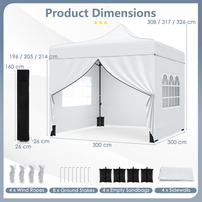 10 x 10 Feet Pop up Canopy Tent with 4 Removable Sidewalls-White