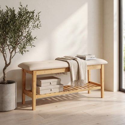 100 CM Button Tufted End of Bamboo Bed Bench with Padded Seat-Natrual