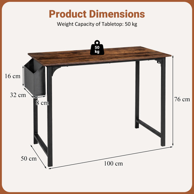 100 CM Computer Desk with Storage Bag and Hanging Hook-Rustic Brown