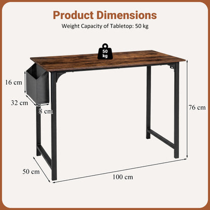 100 CM Computer Desk with Storage Bag and Hanging Hook-Rustic Brown