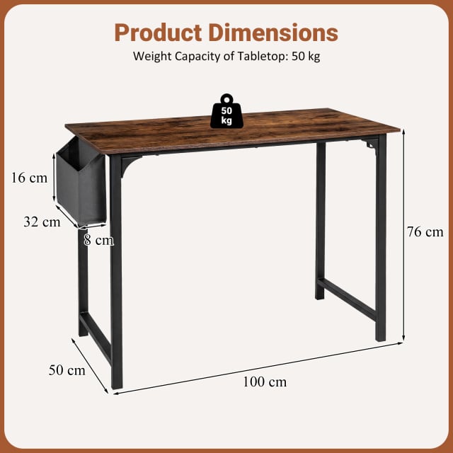 100 CM Computer Desk with Storage Bag and Hanging Hook-Rustic Brown