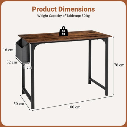 100 CM Computer Desk with Storage Bag and Hanging Hook-Rustic Brown