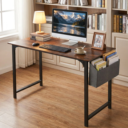 100 CM Computer Desk with Storage Bag and Hanging Hook-Rustic Brown