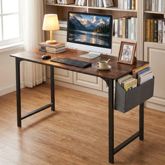 100 CM Computer Desk with Storage Bag and Hanging Hook-Rustic Brown