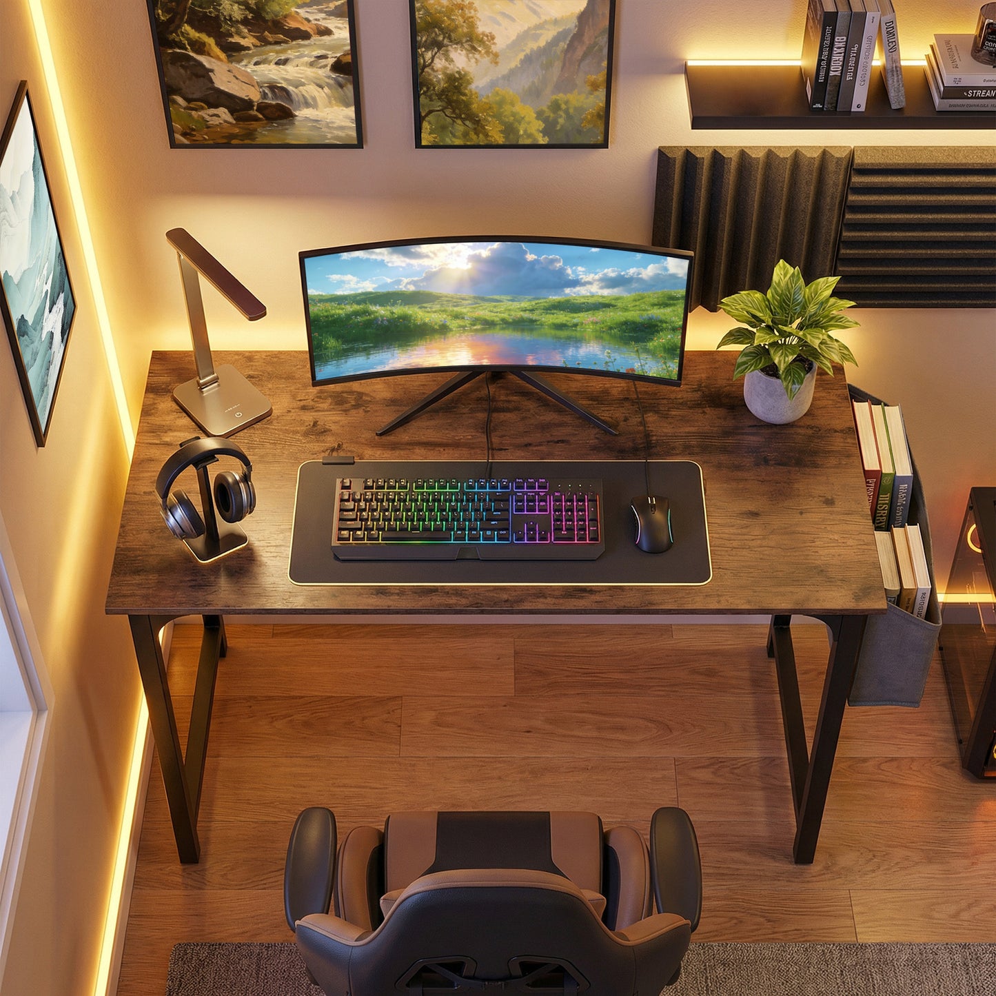 100 CM Computer Desk with Storage Bag and Hanging Hook-Rustic Brown