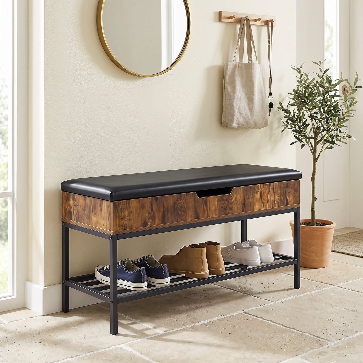 100 CM Shoe Storage Bench with Shelf & Lift Top for Entryway Living Room Bedroom-Rustic Brown