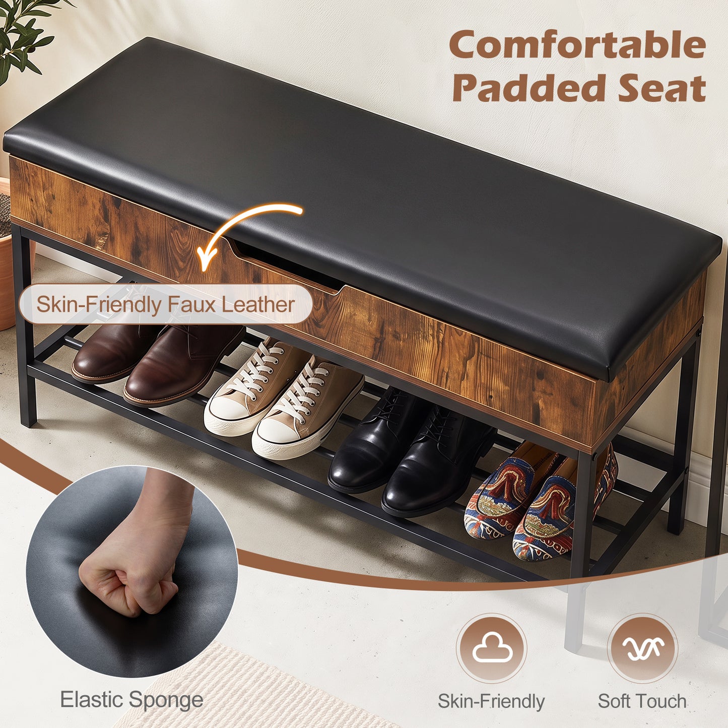 100 CM Shoe Storage Bench with Shelf & Lift Top for Entryway Living Room Bedroom-Rustic Brown