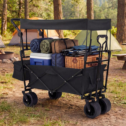 100 L Folding Garden Cart with Adjustable Handles and Canopy-Black