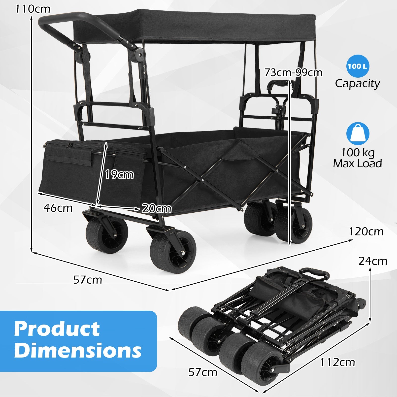 100 L Folding Garden Cart with Adjustable Handles and Canopy-Black