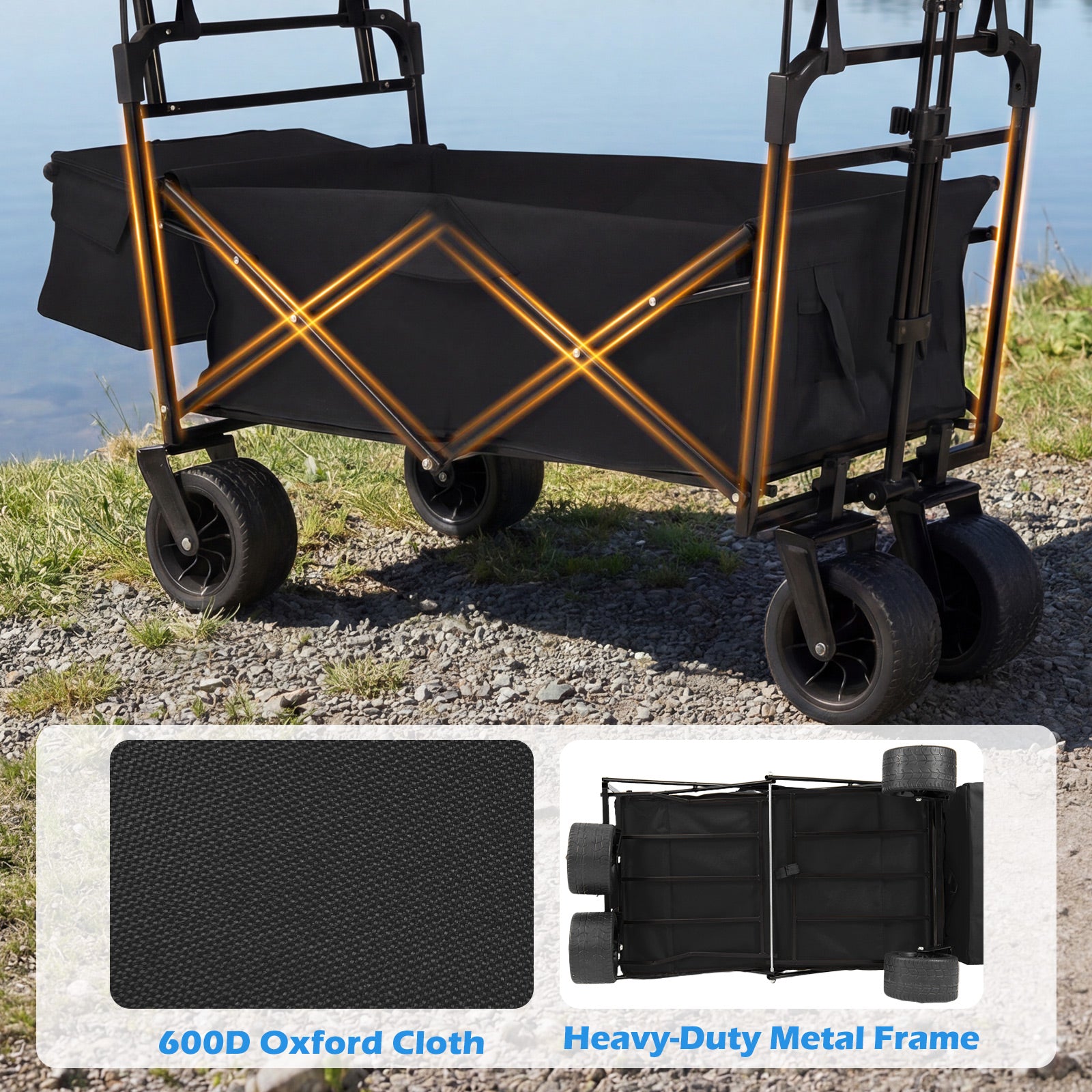 100 L Folding Garden Cart with Adjustable Handles and Canopy-Black